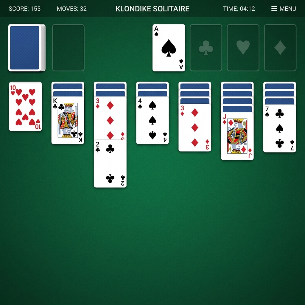 Klondike Solitaire game layout showing stock, waste, foundations, and tableau columns